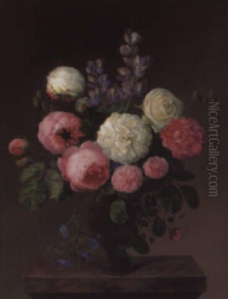 Roses With Lilac And Convolvuli In A Vase On A Marble Plinth Oil Painting by Johannes Ludwig Camradt