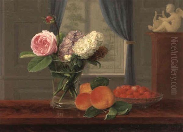 Hyacinths And Roses In A Vase On Ledge With Peaches And Strawberries Oil Painting by Johannes Ludwig Camradt