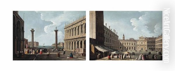 The Piazza San Marco, Venice, Looking West Towards San Geminiano (+ The Piazzetta, Venice, Looking South, With The Columns Of Saints Mark And Theodore And The Biblioteca Marciana; Pair) Oil Painting by Bernardo Canal