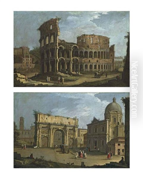 Views Of Rome: The Colosseum And The Arch Of Septimius Severus, With The Church Of San Luca And Santa Martina (a Pair) Oil Painting by Bernardo Canal