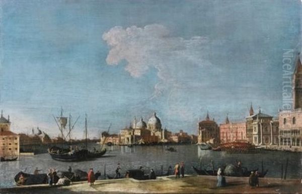 Venice, A View Of The Bacino Di San Marco Looking Towards The Punta Della Dogana, With The Bucintoro Anchored At The Edge Of The Piazzetta Oil Painting by Bernardo Canal