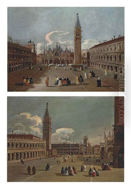 A View Of Saint Mark's Square, Venice, Looking East Towards The Basilica And The Campanile (+ A View Of The Piazzetta, Venice, Looking North...; Pair) Oil Painting by Bernardo Canal