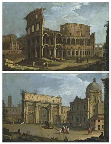 View Of Rome: The Colosseum (+ View Of Rome: The Arch Of Septimius Severus, With The Church Of San Luca And Santa Martina; Pair) Oil Painting by Bernardo Canal