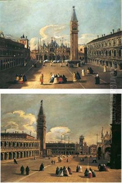 Venise: Vue De La Piazza San Marco Vers La Basilique (+ Venise: Vue De La Piazzetta Vers La Torre Dell'orologio; Pair) Oil Painting by Bernardo Canal