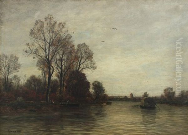 Barbizon Canal Scene Oil Painting by Gilbert Von Canal