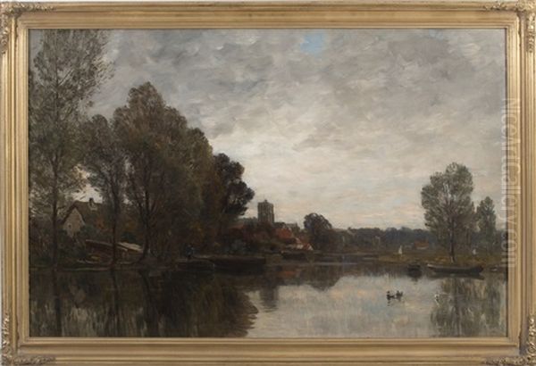 European Riverscape With Village In The Distance Oil Painting by Gilbert Von Canal