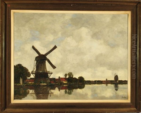 Windmuhle In Einer Niederlandischen Flusslandschaft Oil Painting by Gilbert Von Canal