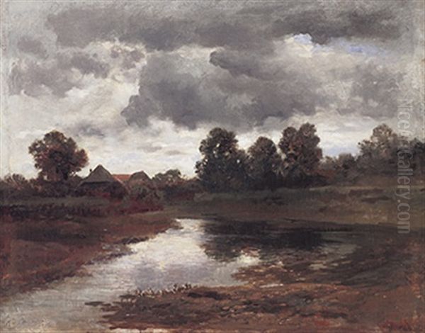 Romantische Teichlandschaft Mit Gehoft, Busch- Und Baumwerk Im Abendlichen Gegenlicht Oil Painting by Gilbert Von Canal