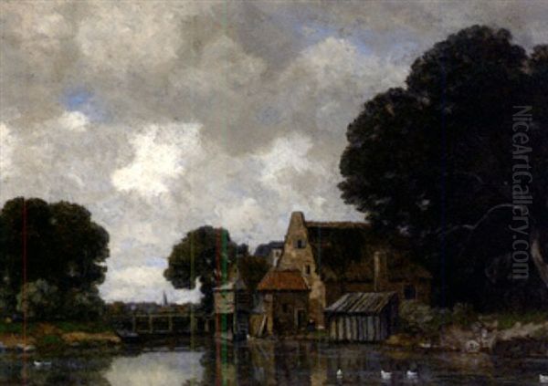 Sommerlandschaft Am Niederrhein Mit Muhlbach, Altem Gehoft Und Ausladender Baumgruppe Oil Painting by Gilbert Von Canal