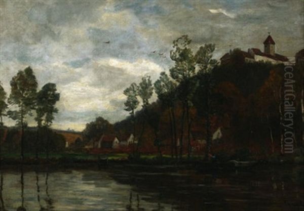 Herbstliche Fluslandschaft. Blick Vom Wasser Auf Ein Kleines Kirchdorf. Am Ufer Ein Einsamer Ruderer Oil Painting by Gilbert Von Canal