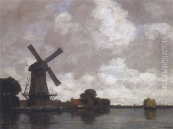 Hollandische Fluslandschaft Mit Windmuhle Oil Painting by Gilbert Von Canal