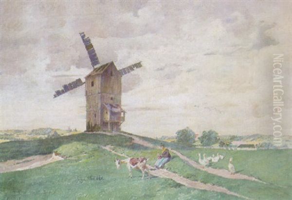 A Windmill On A Hill Oil Painting by Gilbert Von Canal