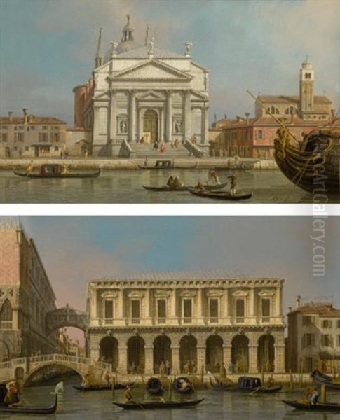 Venice, The Churches Of The Redentore And San Giacomo; Venice, The Prisons And The Bridge Of Sighs, Looking Northwest From The Balcony Oil Painting by  Canaletto