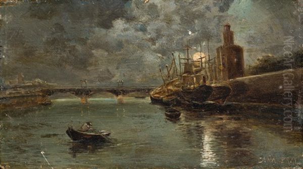 Pareja De Paisajes De Sevilla De Noche Con La Torre Del Oro Y El Puente De Triana Oil Painting by Alfonso Canaveral Y Perez