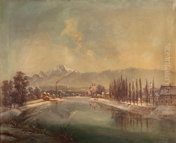 Villach Mit Der Drau, Im Hintergrund Der Mittagskogel Im Winter Oil Painting by Jakob Canciani