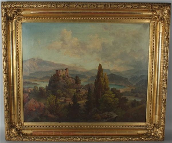 Blick Auf Die Burg Finkenstein, Im Hintergrund Der Faakersee, Die Burgruine Landskron Und Die Gerlitzen Oil Painting by Jakob Canciani