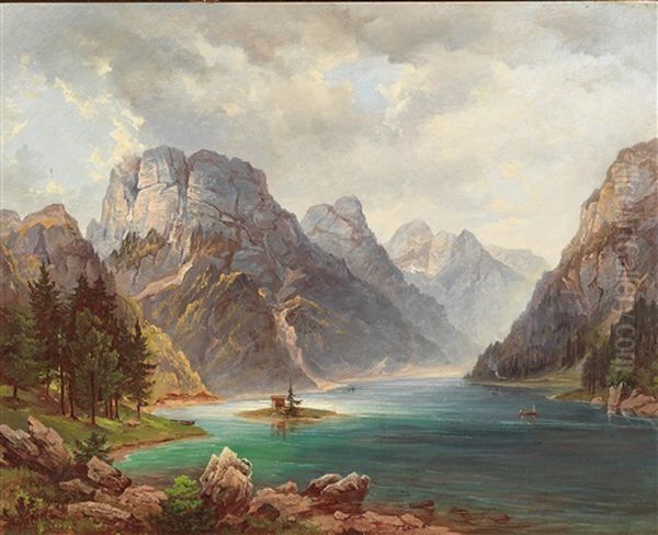 View Of The Raibl Lake Oil Painting by Jakob Canciani