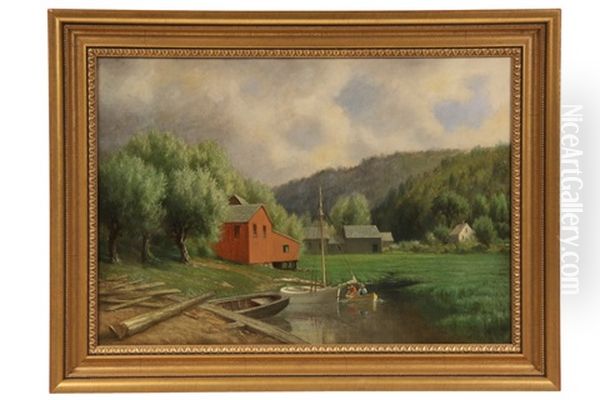 Connecticut Farm With Boats In River Oil Painting by George E. Candee