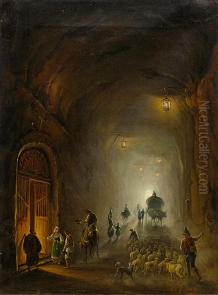 Figures And Livestock In A Tunnel Oil Painting by Salvatore Candido