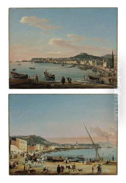 The Promenade On The Bay Of Naples With Mount Vesuvius Erupting In The Background (+ Fishermen On The Bay Of Naples With A View Of Castel Nuovo; Pair) Oil Painting by Salvatore Candido