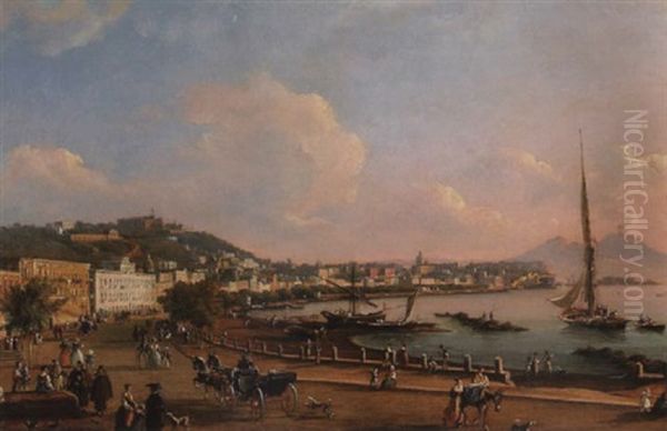 A View Of The Bay Of Naples With Figures On The Promenade Oil Painting by Salvatore Candido