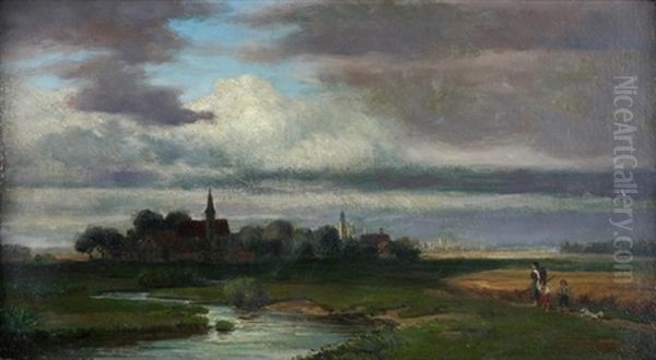 Weite Landschaft Mit Bachlauf Und Personenstaffage Mit Blick Auf Eine Ortschaft Oil Painting by Harry W. T. Candidus