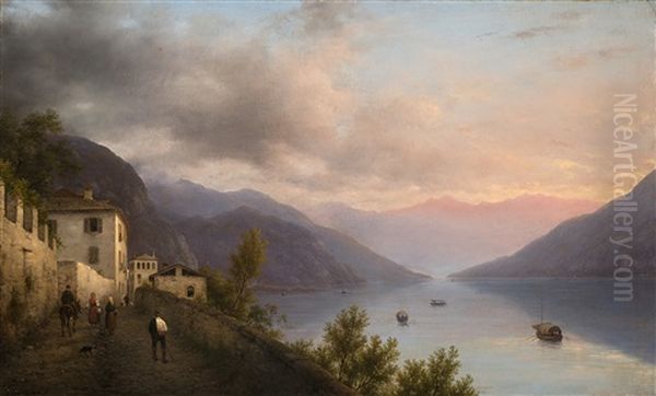 Veduta Del Lago Di Como Preso Da Griante Oil Painting by Giuseppe Canella I