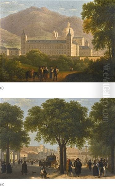 The Escorial; Paseo Del Prado, Madrid: A Pair Oil Painting by Giuseppe Canella I