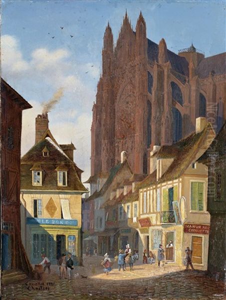 A Street In Chartres With The Cathedral In The Background Oil Painting by Giuseppe Canella I