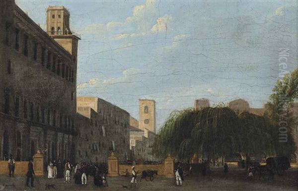 Figures In An Italian Square Oil Painting by Giuseppe Canella I