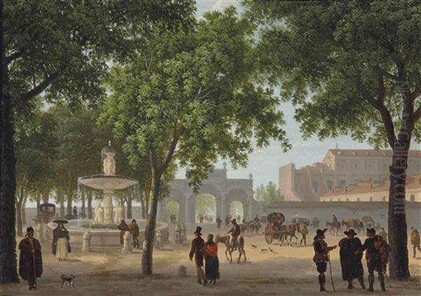 Le Paseo Del Prado, Avec La Fontaine De Cybele Oil Painting by Giuseppe Canella I