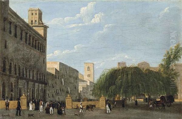 Figures In An Italian Square Oil Painting by Giuseppe Canella I