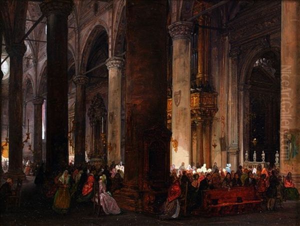 Interieur De La Basilique Sainte Anastasie De Verone Oil Painting by Giuseppe Canella I