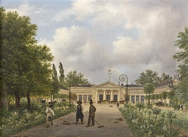 Vue Du Chateau De Neuilly, Avec Trois Jardiniers Au Premier Plan Oil Painting by Giuseppe Canella I