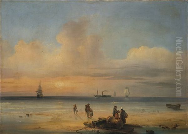 Veduta Di Una Spiaggia Con Battello A Vapore Oil Painting by Giuseppe Canella I