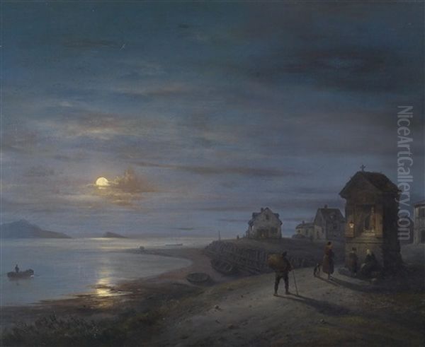 Kustenlandschaft Bei Aufgehendem Mond Mit Figuren Vor Einem Bildstock Im Vordergrund Oil Painting by Giuseppe Canella I