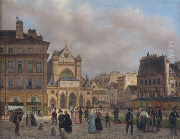 La Place Du Louvre Avec Saint-germain L'auxerrois Oil Painting by Giuseppe Canella I