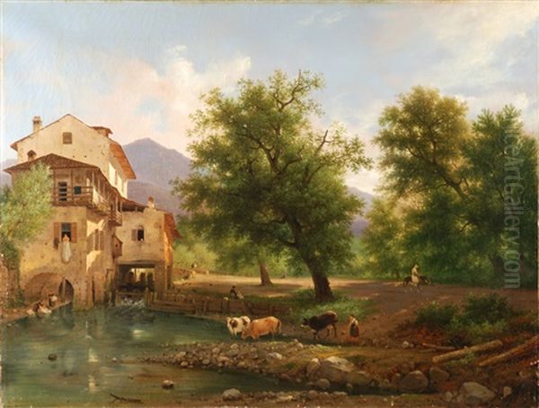 Paesaggio Lombardo Con Mulino Oil Painting by Giuseppe Canella I