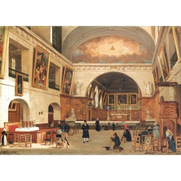 Interieur De L'eglise Saint-jean Sainte-croix A Paris Oil Painting by Giuseppe Canella I