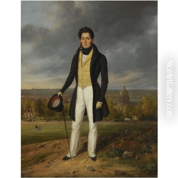 Portrait Of A Gentleman With Les Invalides In The Distance Oil Painting by Giuseppe Canella I