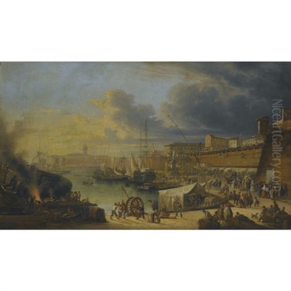 Livorno Harbor With The Marble Statue Of Grand Duke Ferdinando I Di Medici Oil Painting by Giuseppe Canella I