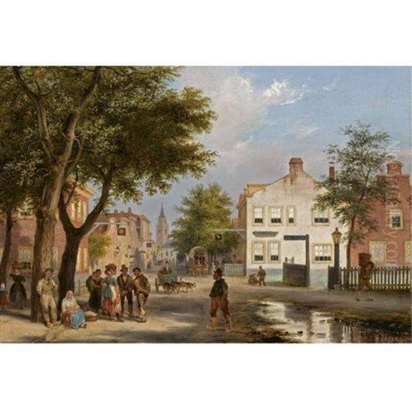 A Busy Square In A Dutch Town Oil Painting by Giuseppe Canella I