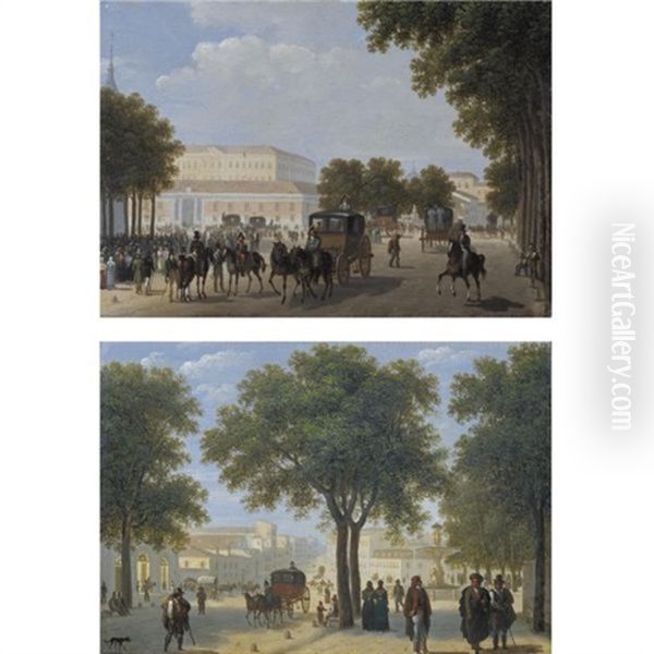 A View Of Calle Atocha, Madrid (+ A Possible View Of Paseo Del Prado, With The Cibeles Fountain Beyond, Madrid; Pair) Oil Painting by Giuseppe Canella I