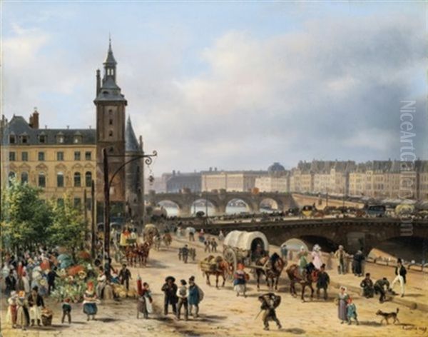 Paris, La Tour De L'horloge Et Le Marche Aux Fleurs Oil Painting by Giuseppe Canella I