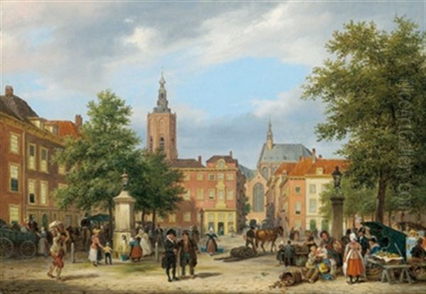 Motiv Aus Den Haag, Der Grose Markt Mit Schoolstraat Und Grote Toren Oder Jacobskerk Oil Painting by Giuseppe Canella I