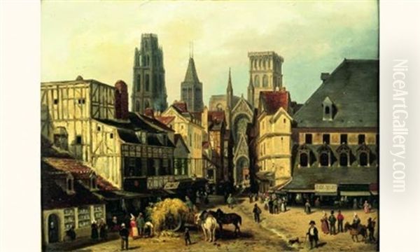 Place Du Marche A Rouen Oil Painting by Giuseppe Canella I