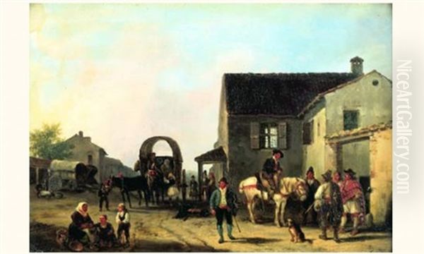 La Halte D'un Cavalier Devant L'auberge Oil Painting by Giuseppe Canella I