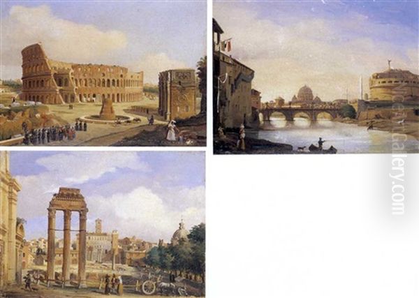 Il Foro Romano (+ 2 Others; 3 Works) Oil Painting by Giuseppe Canella I