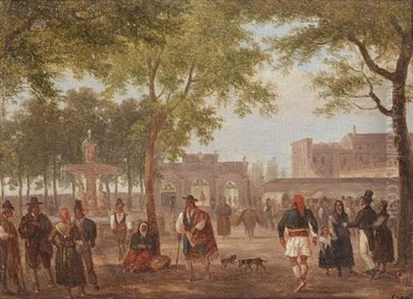 Figures Near La Fontaine De Cybele, Madrid Oil Painting by Giuseppe Canella I