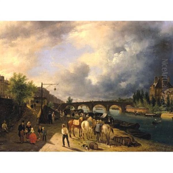 View Of The Seine's Left Bank And The Louvre, Paris Oil Painting by Giuseppe Canella I